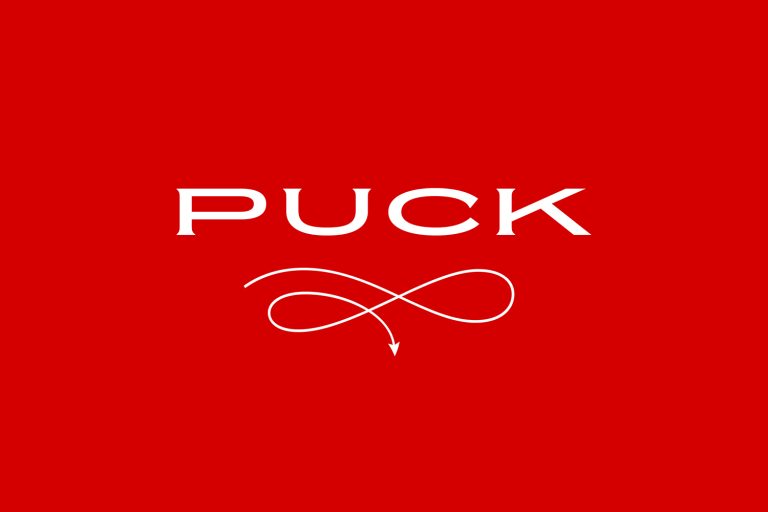 Puck - white fill - red background - featured image